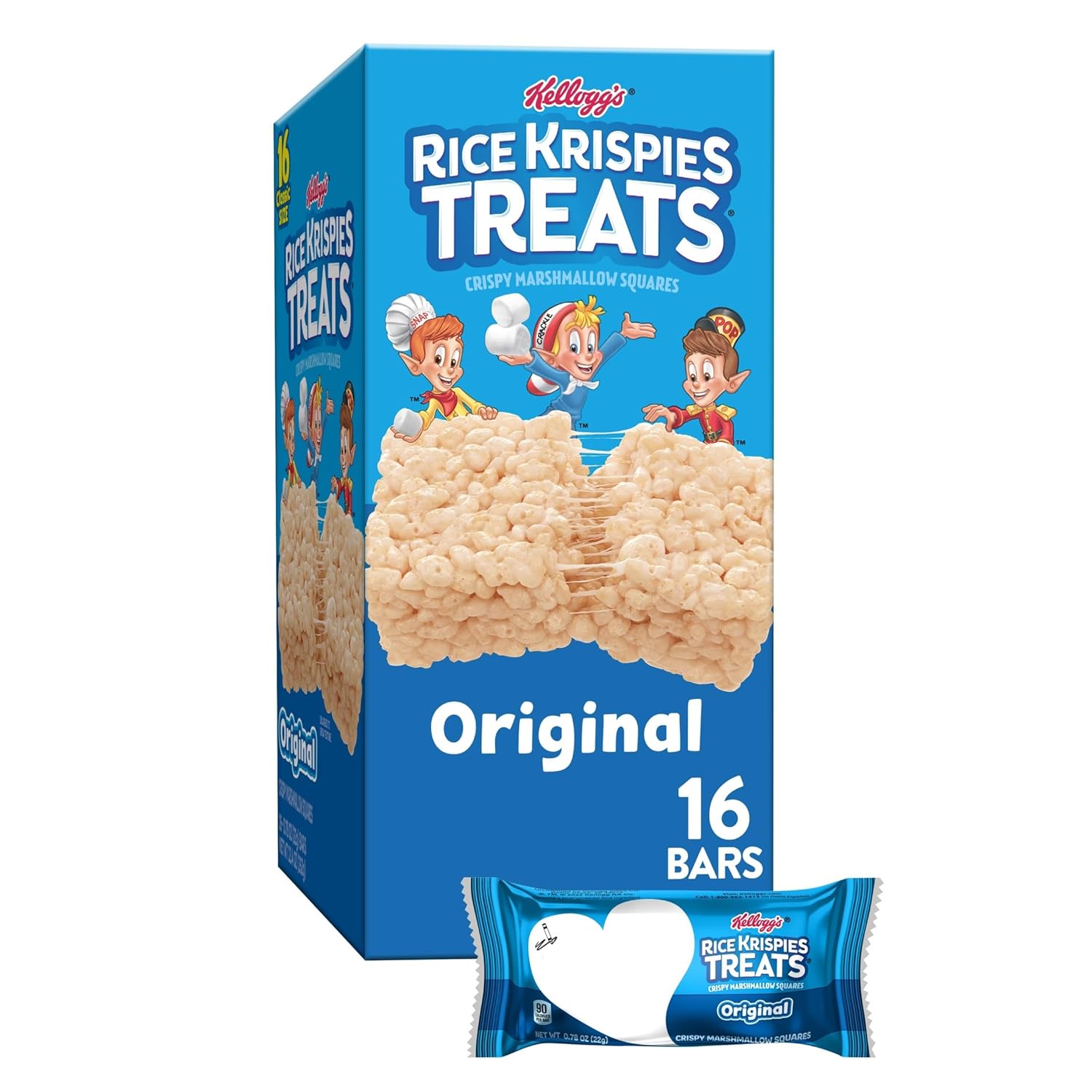 Rice Krispies Treats Crispy Marshmallow Squares, Kids Snacks, Cereal Bars, Original, 12.4oz Box (16 Bars)